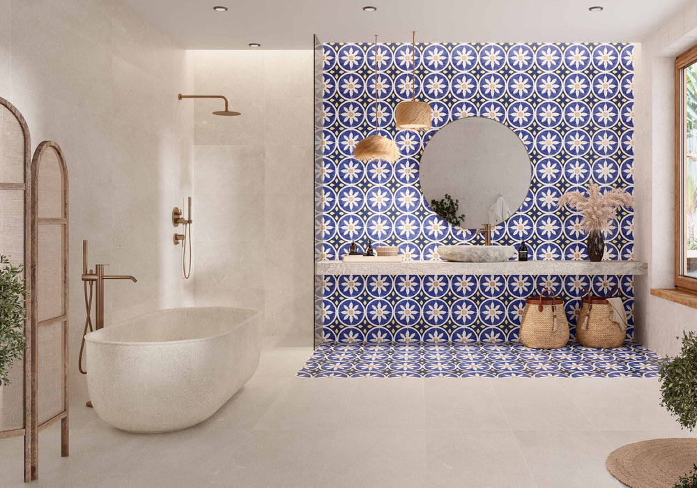 Peniscola Blue and Yellow Pattern Decor Wall and Floor tile 25cm x 25cm