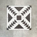 Almeira Azteca Moroccan-style porcelain floor tiles arranged in a four-tile layout, showcasing a bold black and white geometric pattern with stepped triangles and central detailing, 20x20cm.