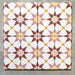 Agadir Springs Moroccan-style 20x20cm porcelain tiles arranged as four tiles, showcasing a repeating geometric star pattern in soft terracotta, blush pink, white and warm yellow tones on a neutral background.