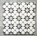 Four Agadir Natural Moroccan-style 20x20cm porcelain tiles laid together, creating a continuous geometric star pattern in soft white with warm beige, olive and charcoal accents.