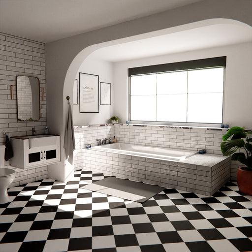 Nairobi gloss white handmade-effect tiles styled in a bathroom setting, featuring a brick-laid wall design paired with a built-in bath, black and white patterned floor tiles, and soft natural light.