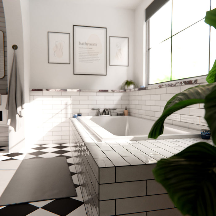 Nairobi gloss white handmade-effect tiles styled in a bathroom setting, featuring a brick-laid wall design paired with a built-in bath, black and white patterned floor tiles, and soft natural light.