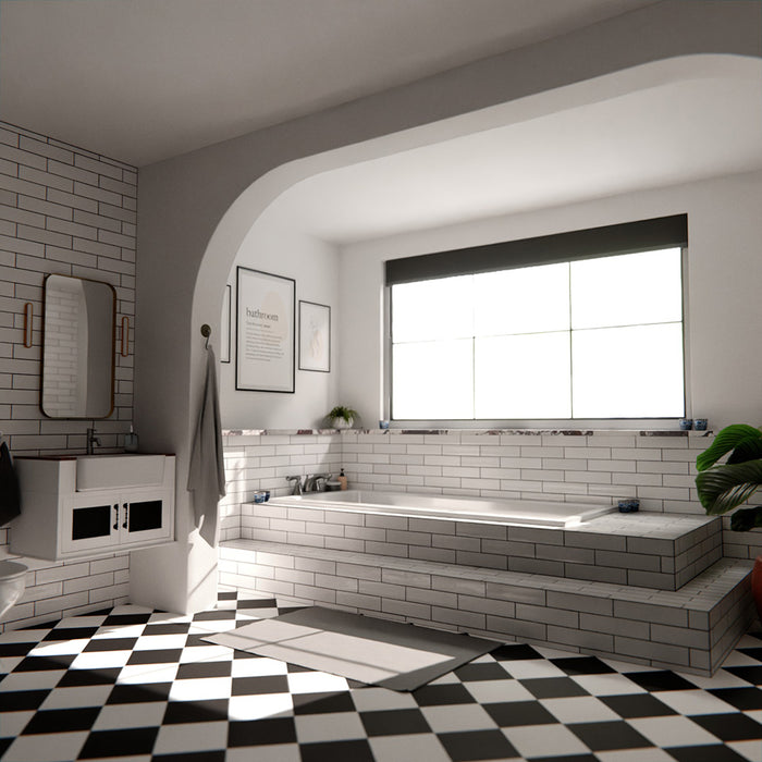 Nairobi gloss white handmade-effect tiles styled in a bathroom setting, featuring a brick-laid wall design paired with a built-in bath, black and white patterned floor tiles, and soft natural light.