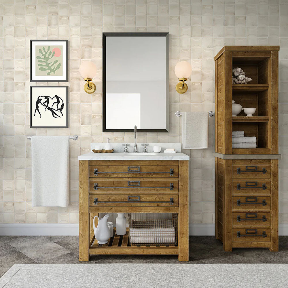 Bathroom wall featuring Saigon White Decor Square Wall tiles in a Moroccan-inspired style, 10 × 10cm glossy ceramic tiles in soft white tones with a decorative relief pattern, paired with wooden vanity furniture and brass wall lights.