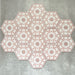 Grouped layout of Medina Dusty Pink Moroccan-style hexagon porcelain tiles, 18.7 × 21.6 cm, displaying the full repeating geometric pattern in soft dusty pink and white tones on a neutral background.