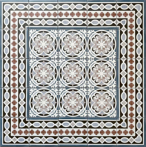 Decorative floor layout featuring Imperial Victorian Blue Mini Corner Tiles, 15x15cm porcelain tiles used with matching centre and border tiles to form a detailed Victorian-inspired patterned floor design.