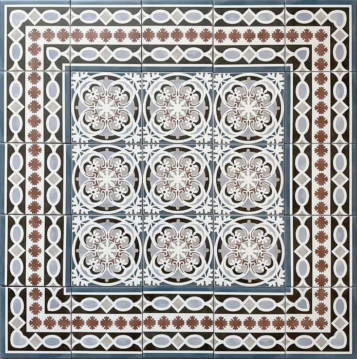 Decorative floor layout featuring Imperial Victorian Blue Mini Corner Tiles, 15x15cm porcelain tiles used with matching centre and border tiles to form a detailed Victorian-inspired patterned floor design.