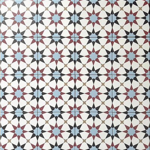 Agadir Atlas Mini Moroccan-style 15x15cm porcelain floor tiles laid in a repeating geometric star pattern, featuring a multicolour palette of soft blue, burgundy, black and cream.