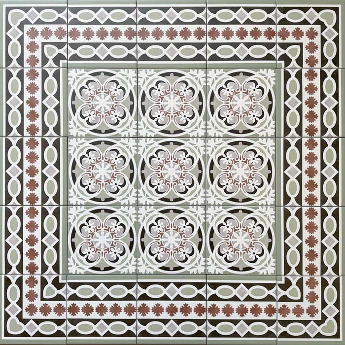 Decorative floor layout featuring Imperial Victorian Green Mini Corner Tiles, 15x15cm porcelain tiles arranged with matching centre and border tiles to create a detailed Victorian-inspired patterned floor design.