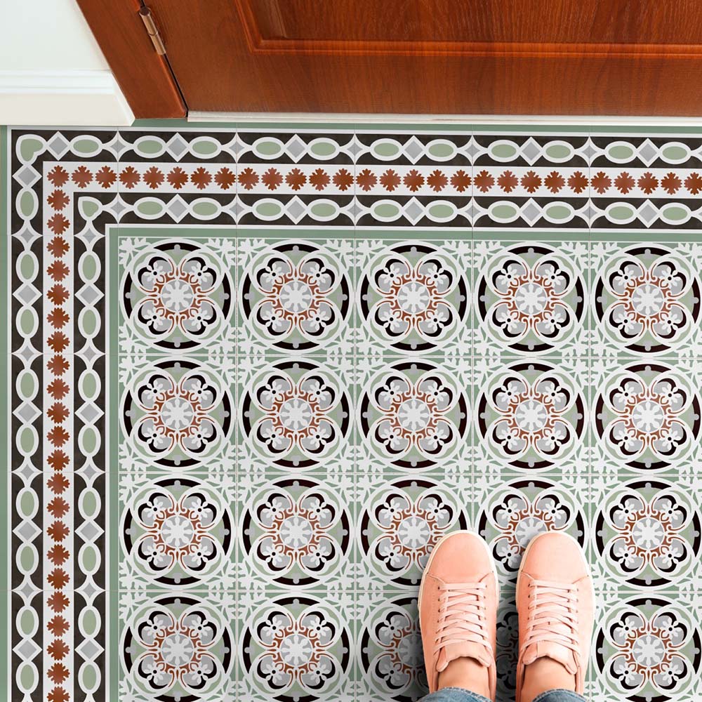 Hallway floor featuring Imperial Victorian Green Mini Tiles, 15x15cm porcelain tiles with a classic Victorian-inspired pattern in soft green, grey, and terracotta tones, styled with a coordinating border design.