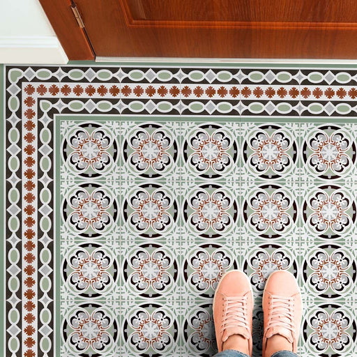 Hallway floor featuring Imperial Victorian Green Mini Tiles, 15x15cm porcelain tiles with a classic Victorian-inspired pattern in soft green, grey, and terracotta tones, styled with a coordinating border design.
