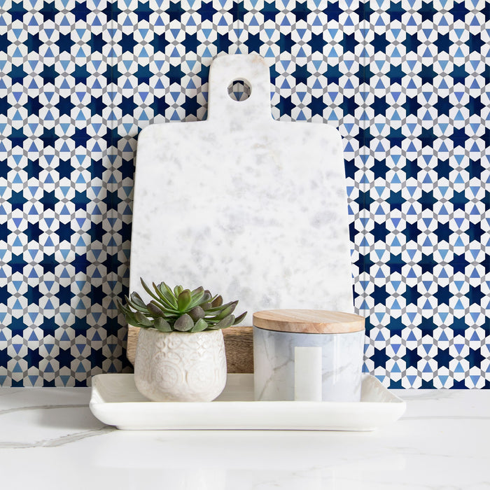 Meknes Blue Stars Mini Moroccan Porcelain Wall Floor Tile 15cm x 15cm