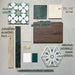 Moodboard featuring Agadir Green Moroccan-style 20x20cm porcelain tile alongside coordinating green, neutral and wood-effect tiles, showcasing complementary textures, finishes and materials for a cohesive interior design scheme.