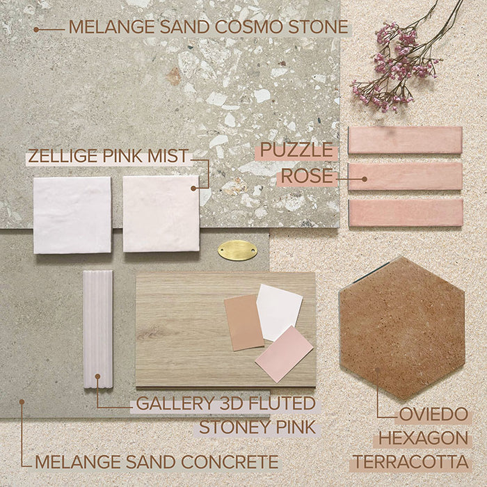 Moodboard featuring Zellige Pink Mist Square 13.2 × 13.2cm Moroccan-style ceramic tiles in soft pale pink tones, paired with coordinating terrazzo, concrete and pink brick tiles, warm stone textures and natural accents to showcase complementary colours, finishes and a cohesive zellige-effect design palette.