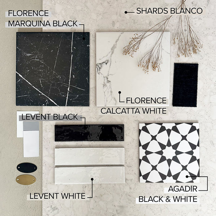 Moodboard featuring Agadir Black & White Moroccan-style 20x20cm porcelain tile alongside complementary black, white and marble-effect tiles, showcasing coordinating textures, finishes and materials for a cohesive interior scheme.