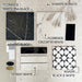 Moodboard featuring Agadir Black & White Moroccan-style 20x20cm porcelain tile alongside complementary black, white and marble-effect tiles, showcasing coordinating textures, finishes and materials for a cohesive interior scheme.