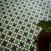 Close-up of Greenbrook Manor anti-slip encaustic Victorian-style porcelain tiles, showcasing a repeating geometric pattern of triangles in green, black and white across the floor.