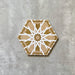 Single Medina Hormuz Vintage Gold Moroccan-style hexagon porcelain tile, 18.7 × 21.6 cm, featuring a bold star-inspired geometric pattern in warm gold and white tones on a neutral background.