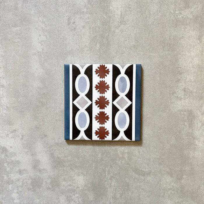 Single Imperial Victorian Blue Mini Border Tile, 15x15cm porcelain tile featuring a classic Victorian-inspired border pattern in blue, black, white, and terracotta tones, photographed on a neutral background.