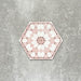 Single Medina Dusty Pink Moroccan-style hexagon porcelain tile, 18.7 × 21.6 cm, featuring a soft geometric pattern in dusty pink and white tones on a neutral background.