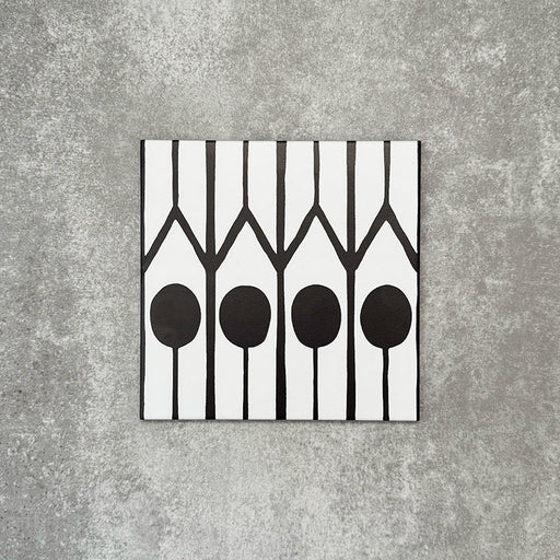 Single Almeria Felis Moroccan-style porcelain tile featuring a black and white geometric dot and line pattern, 20x20cm, suitable for wall and floor use.