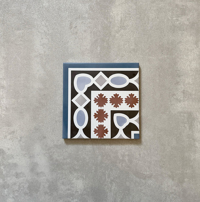 Single Imperial Victorian Blue Mini Corner Tile, 15x15cm porcelain tile featuring a classic Victorian-inspired corner pattern in blue, black, white, and terracotta tones, photographed on a neutral background.