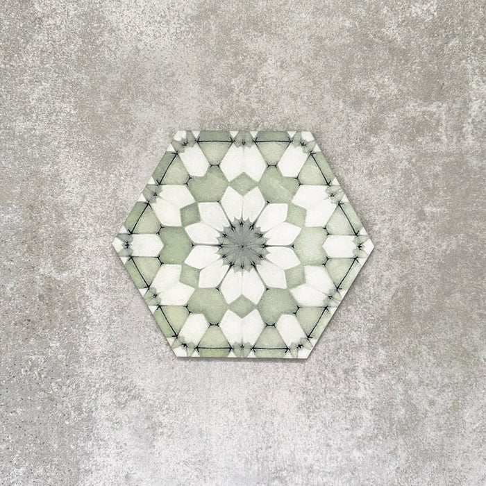 Single Medina Soft Green Moroccan-style hexagon porcelain tile, 18.7 × 21.6 cm, featuring a delicate geometric pattern in soft green and white tones on a neutral background.