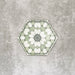 Single Medina Soft Green Moroccan-style hexagon porcelain tile, 18.7 × 21.6 cm, featuring a delicate geometric pattern in soft green and white tones on a neutral background.