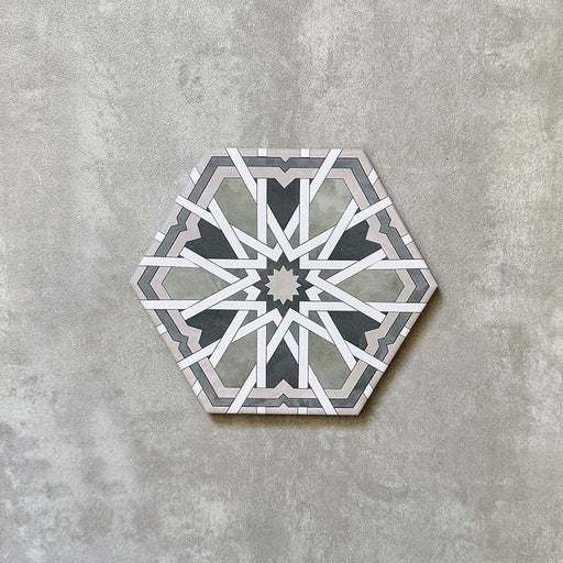 Single Medina Hormuz Sage Green/Grey Moroccan-style hexagon porcelain tile, 18.7 × 21.6 cm, featuring a bold star-inspired geometric pattern in sage green, grey and white tones on a neutral background.