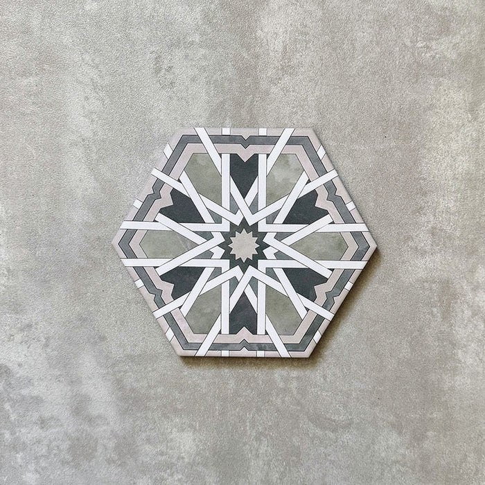 Single Medina Hormuz Sage Green/Grey Moroccan-style hexagon porcelain tile, 18.7 × 21.6 cm, featuring a bold star-inspired geometric pattern in sage green, grey and white tones on a neutral background.