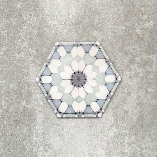Single Medina Frost Blue Moroccan-style hexagon porcelain tile, 18.7 × 21.6 cm, featuring a delicate geometric pattern in soft blue and white tones on a neutral background.