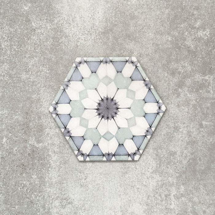 Single Medina Frost Blue Moroccan-style hexagon porcelain tile, 18.7 × 21.6 cm, featuring a delicate geometric pattern in soft blue and white tones on a neutral background.