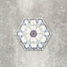 Single Medina Frost Blue Moroccan-style hexagon porcelain tile, 18.7 × 21.6 cm, featuring a delicate geometric pattern in soft blue and white tones on a neutral background.