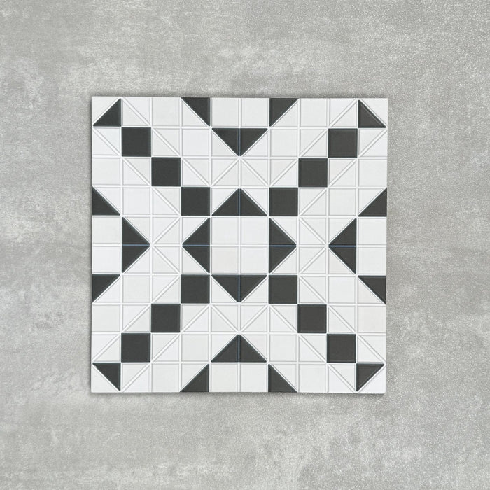 FULL TILE SAMPLE Abbey Black & White A Mosaic Victorian Style Patterned Tiles 28cm X 28cm
