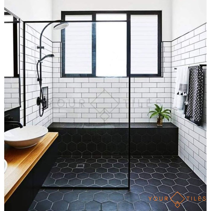 Pura Satin Tiles Black Hexagon Tiles Wall & Floor Tiles - 20cm x 20cm