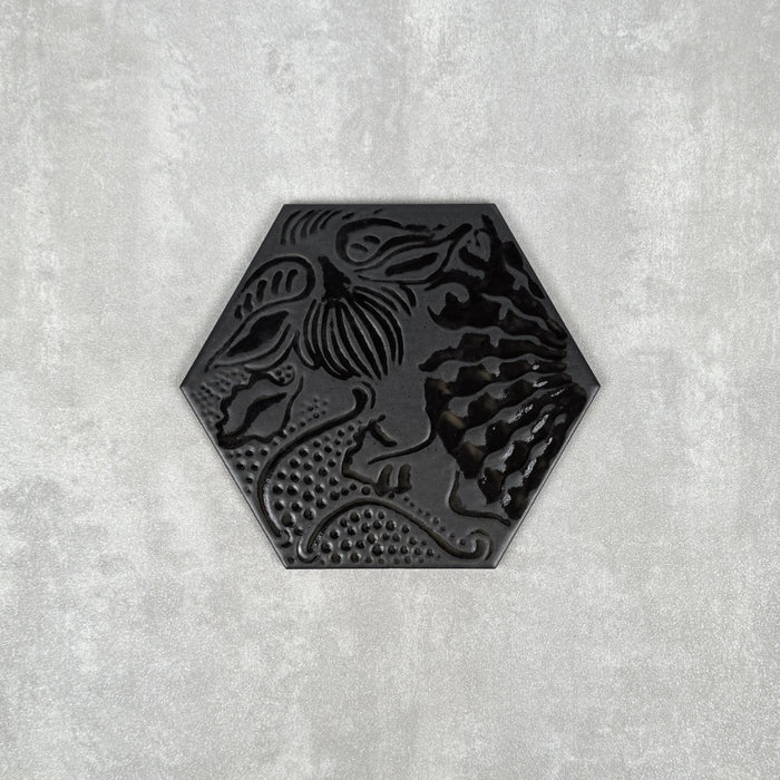 FULL TILE SAMPLE Catalan Black Decor Hexagon