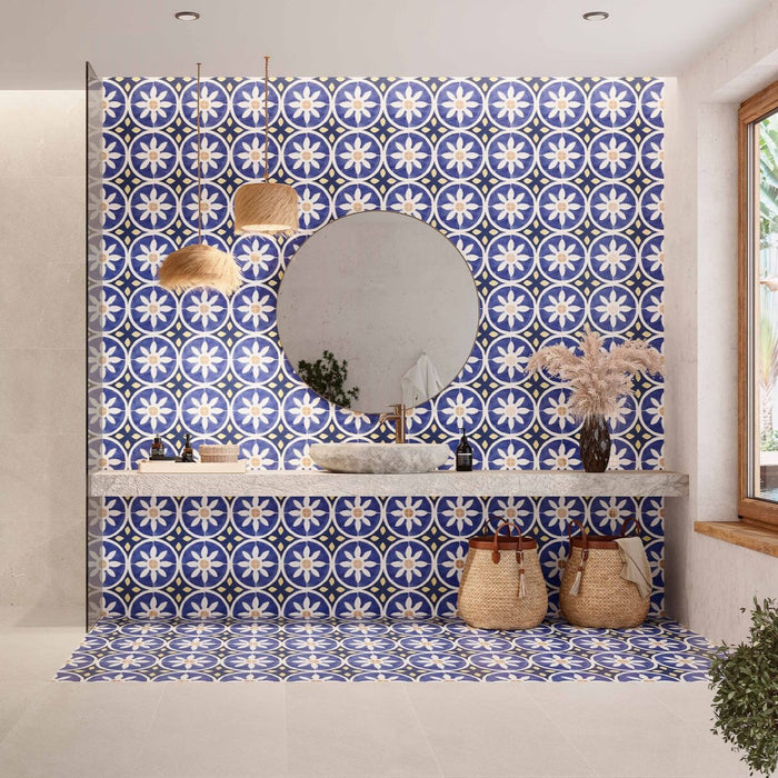 Peniscola Blue and Yellow Pattern Decor Wall and Floor tile 25cm x 25cm