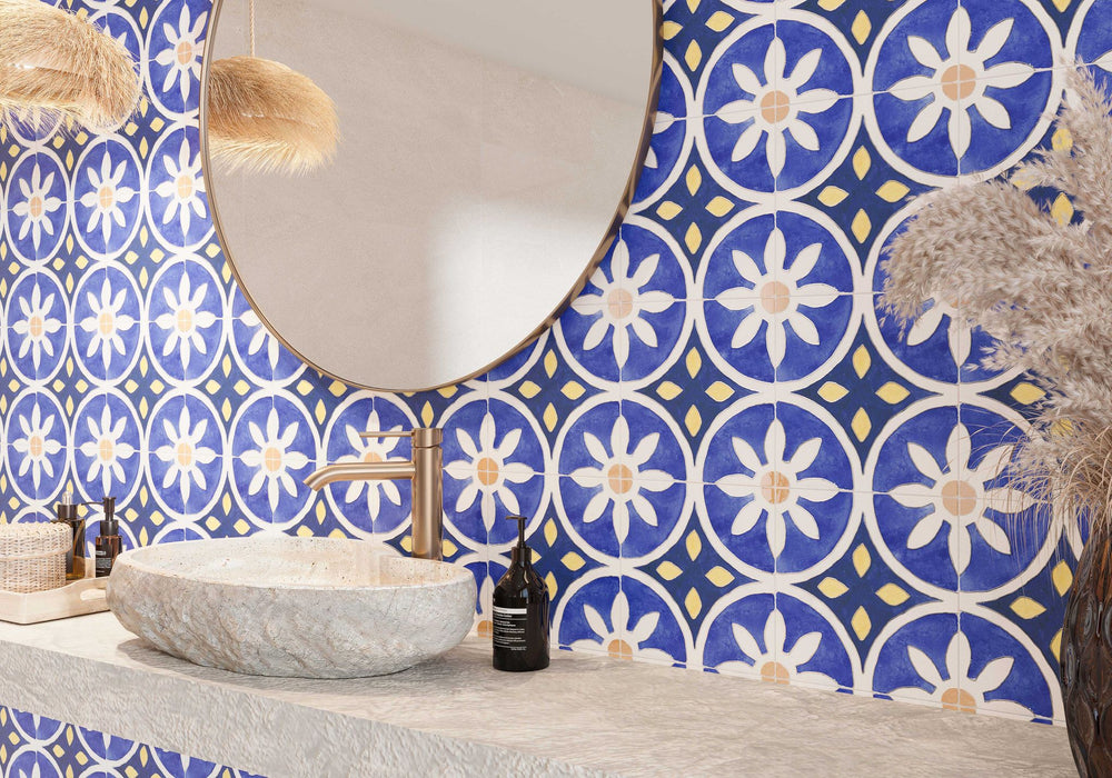 Peniscola Blue and Yellow Pattern Decor Wall and Floor tile 25cm x 25cm