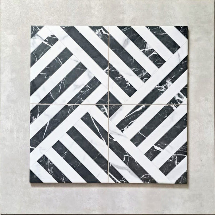 Art Deco Black White Marble Patterned Porcelain Wall Floor Tiles 44cm x 44cm
