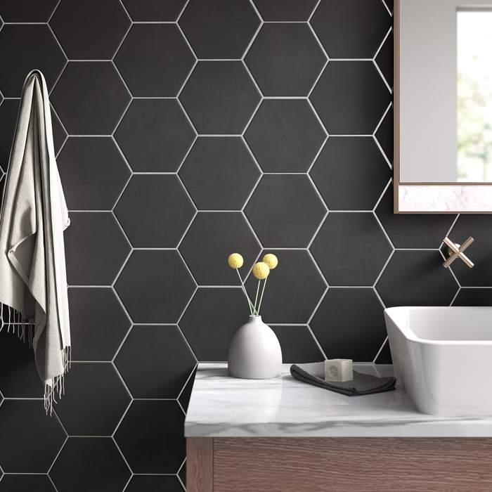 Pura Satin Tiles Black Hexagon Tiles Wall & Floor Tiles - 20cm x 20cm