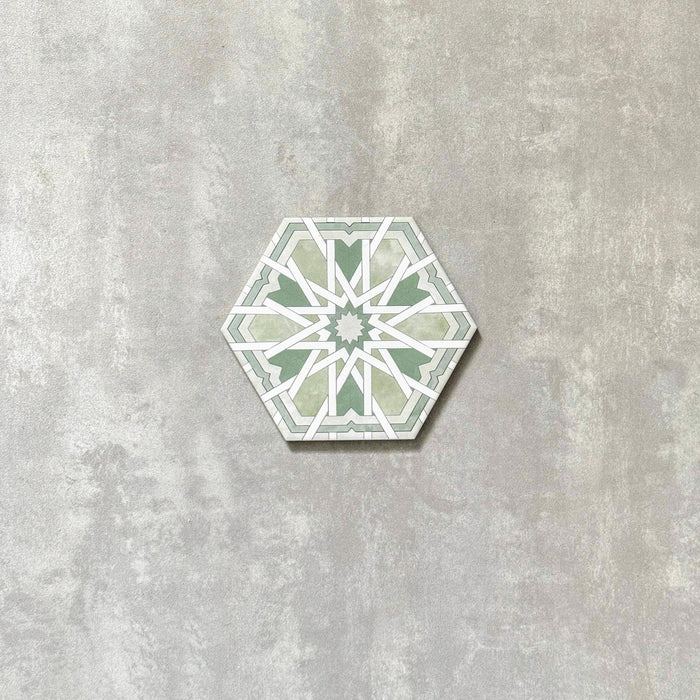 FULL TILE SAMPLE Medina Hormuz Moroccan Verde Green Pattern Hexagon