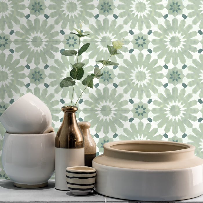 Fez  Mini Jade Green Moroccan Pattern Tile 15cm x 15cm