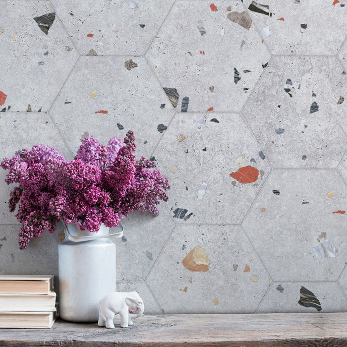 Jerez Silver Terrazzo Hexagon Wall & Floor Tiles 25cm x 22cm