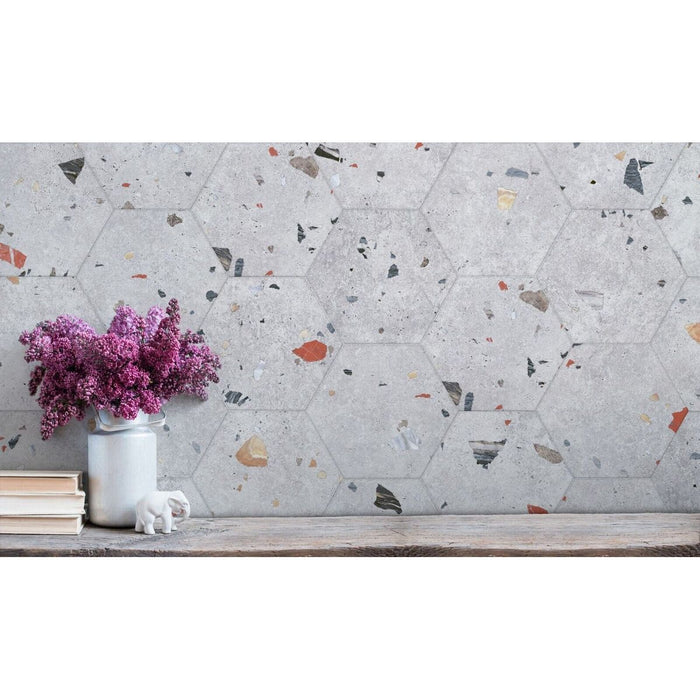 Jerez Silver Terrazzo Hexagon Wall & Floor Tiles 25cm x 22cm