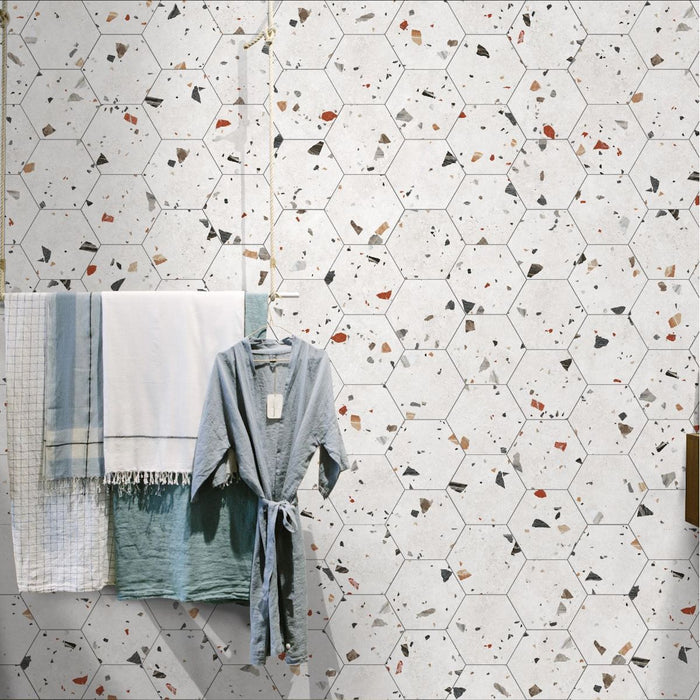 Jerez White Terrazzo Hexagon Wall & Floor Tiles 25cm x 22cm