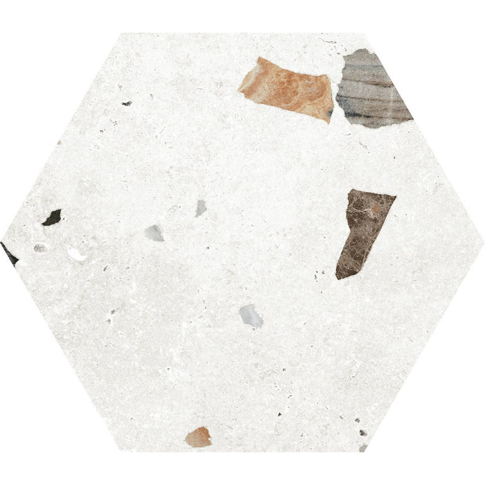 FULL TILE SAMPLE Jericho White Terrazzo Hexagon 22cm x 25cm