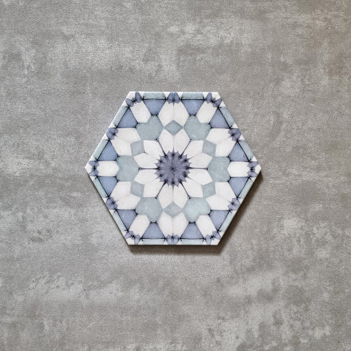 FULL TILE SAMPLE Medina Frost Blue Hexagon 18.7cm x 21.6cm