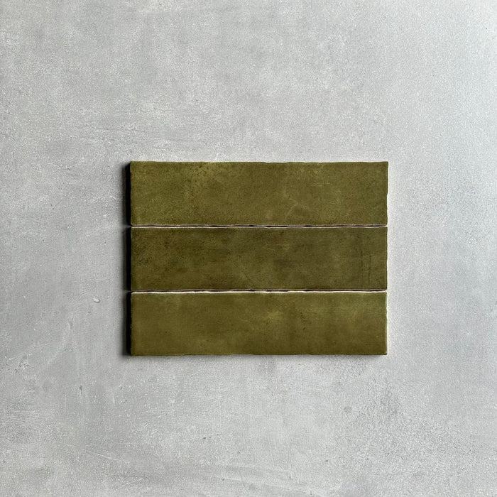 Nairobi Tile Gloss Olive Green Handmade Effect Rustic Tile 7.5cm x 30cm