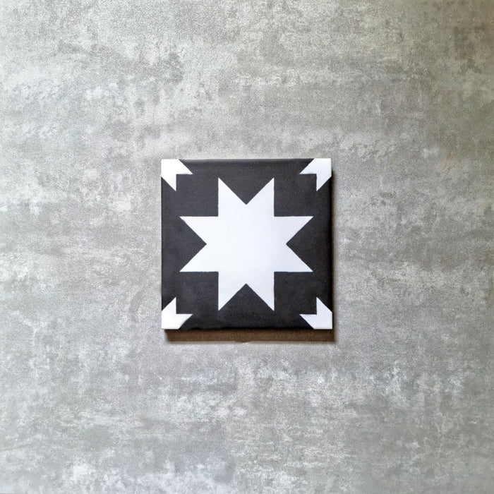 Kenifra Black Star Tiles White & Black Wall & Floor Tiles 20cm x 20cm