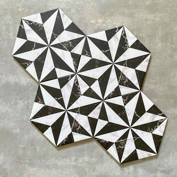 Piazza Marquina Black and Carrara White Hexagon 18.7cm x 21.6cm